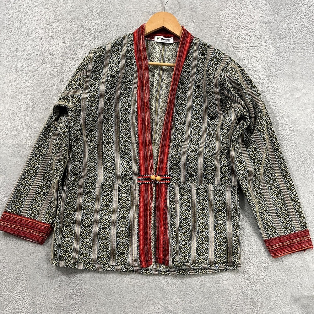Vintage Thailand Woven Cotton Ethnic Tribal Boho Jacket Open Front Kimono Sz L